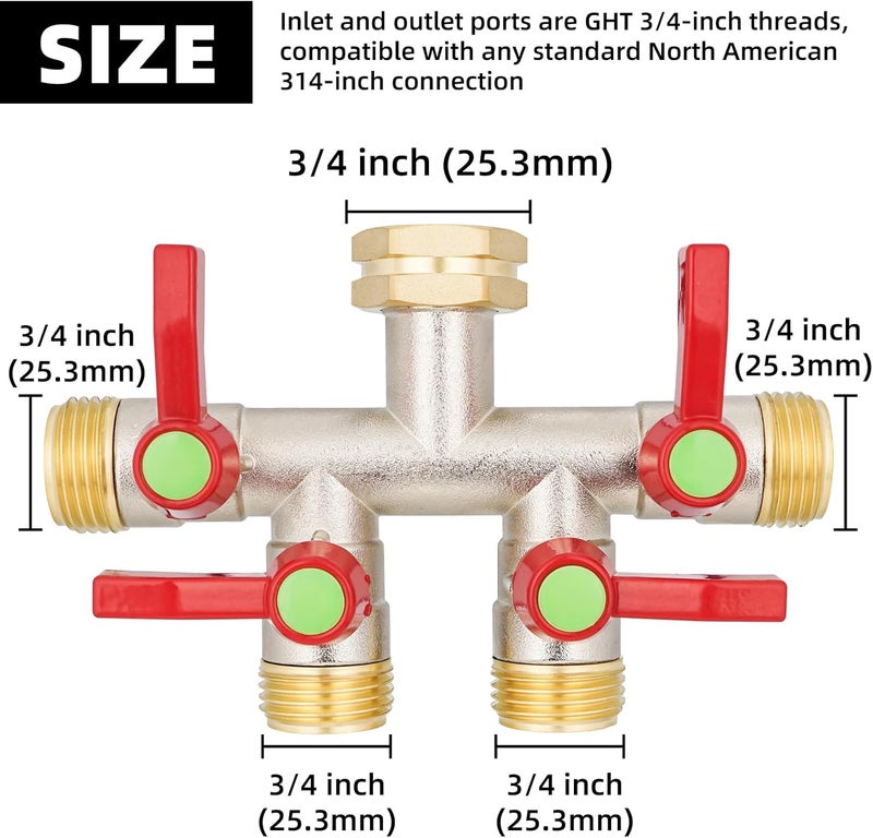DINGBAI Hose Splitter 4 Way, High Flow Garden Hose Splitter, 3/4” Ght Inlet Brass Heavy Duty Hose Converter, Full Flow water 4 Way Faucet hose splitter, Long Handle Hose Valve Large Outlet. - Image 4